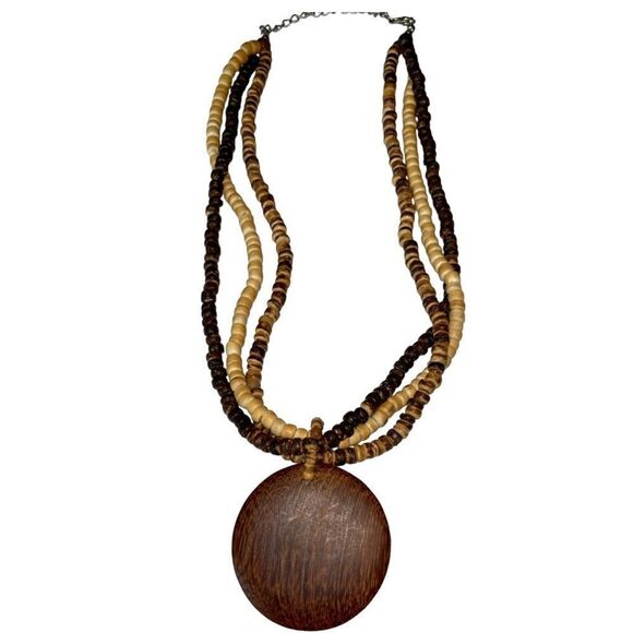 Necklace Earrings Wooden Beaded Pendant Statement 16" - 18" Boho Chic Festival - Picture 2 of 5